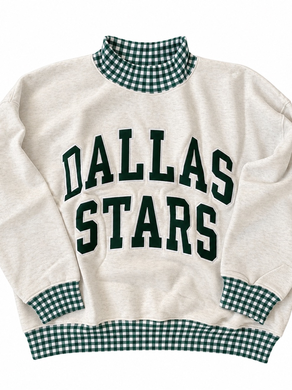 NWT Dallas Stars Cream Mockneck Sweatshirt with Green Gingham Trim Embroidered